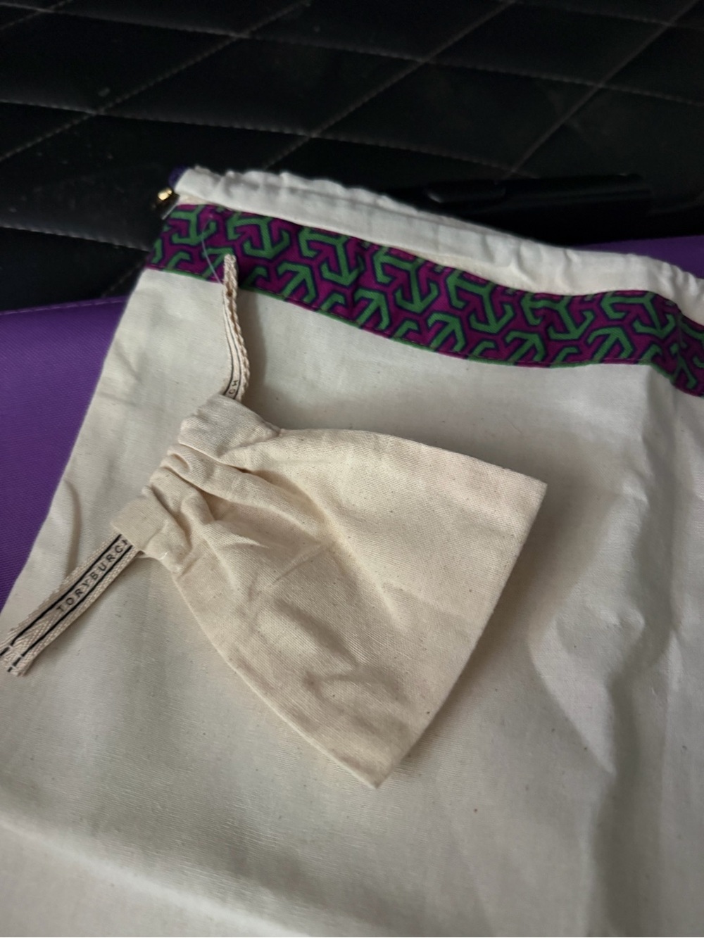 Tory Burch Cream Canvas Drawstring Pouch with Purple/Green Trim